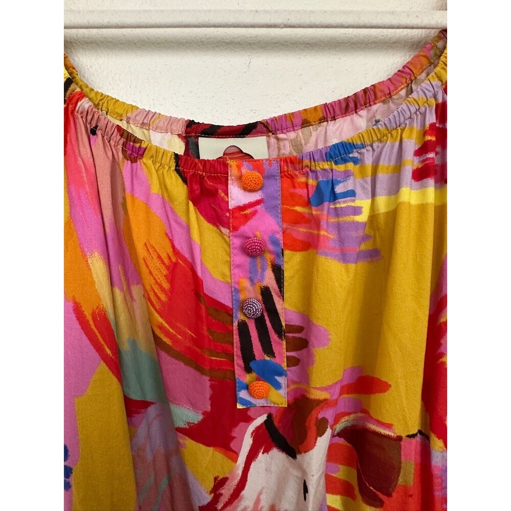 Farm Rio by Anthropologie Neon Macaws Puff Sleeve Maxi Dress Tiered Women Small - Picture 6 of 11